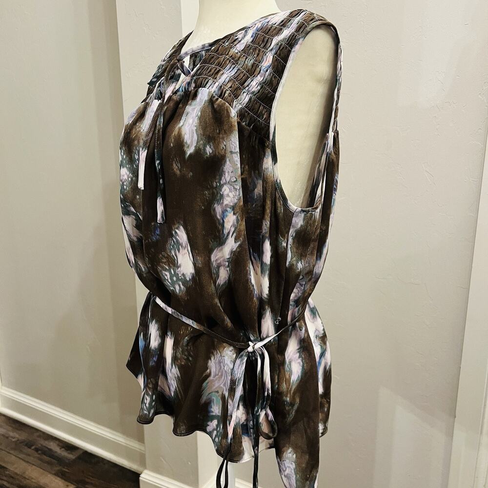 Simply Vera Vera Wang Size XL Brown Multi Color Smock Tie Neckline Blouse - Picture 2 of 5